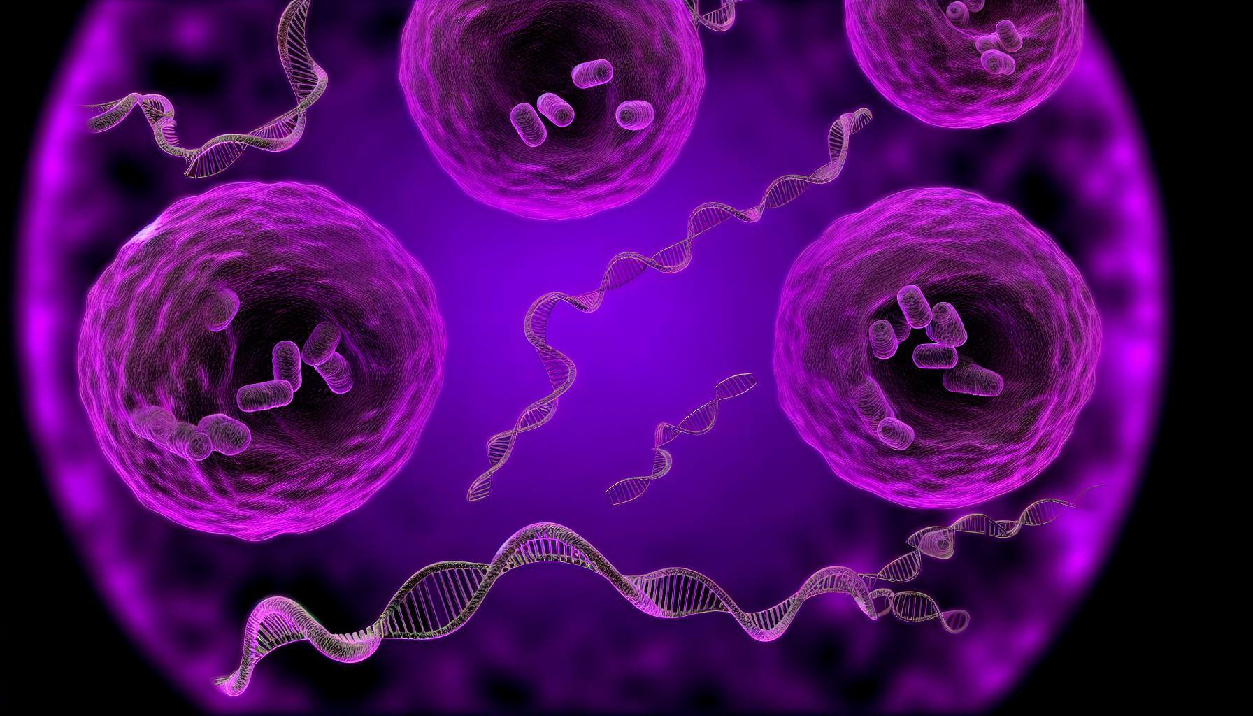 single cells with RNA molecules floating around with a purple background