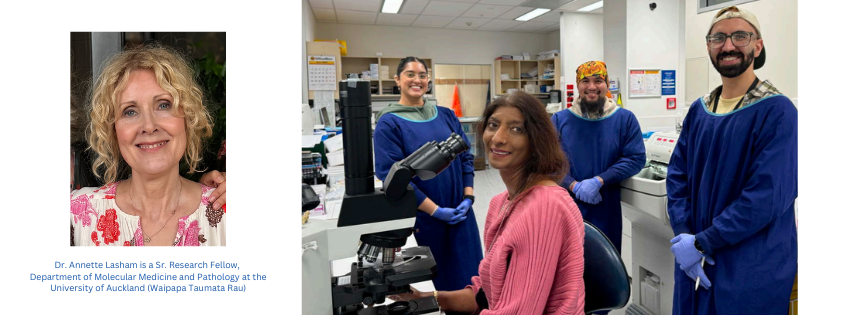 Dr. Annette Lasham is a senior research fellow in the Department of Molecular Medicine and Pathology at the University of Auckland (Waipapa Taumata Rau)